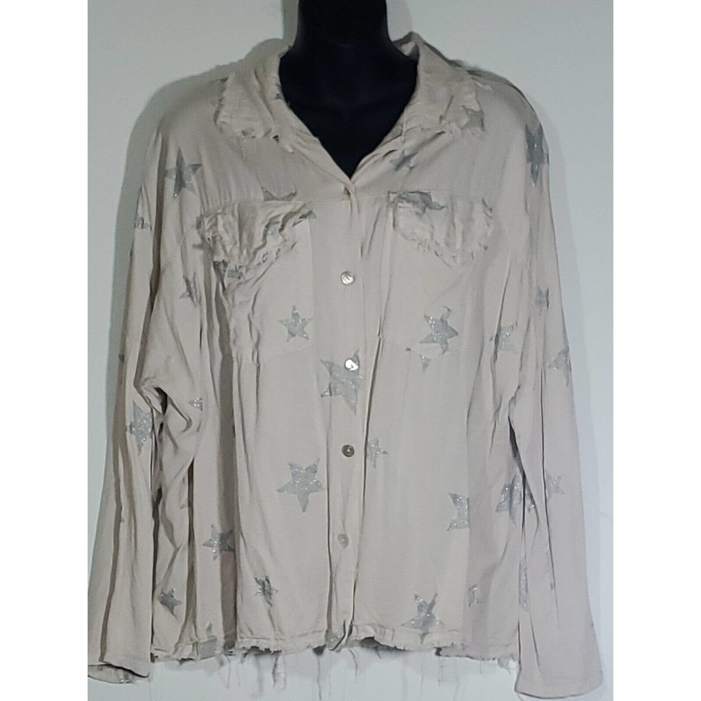 Venti6 Button Down Tattered Style Long Sleeve Shirt Glittery Silver Stars Medium